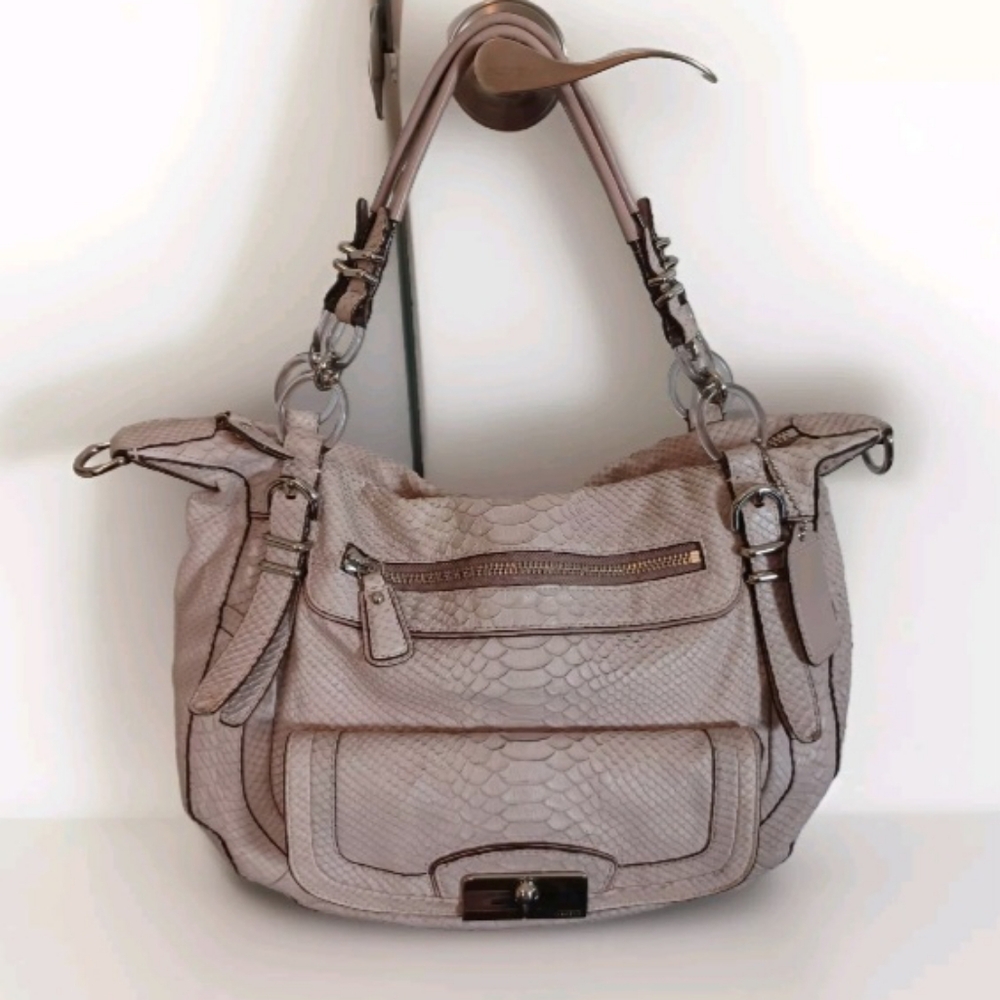 COACH Reptile Embossed Cream Leather Large Bag
